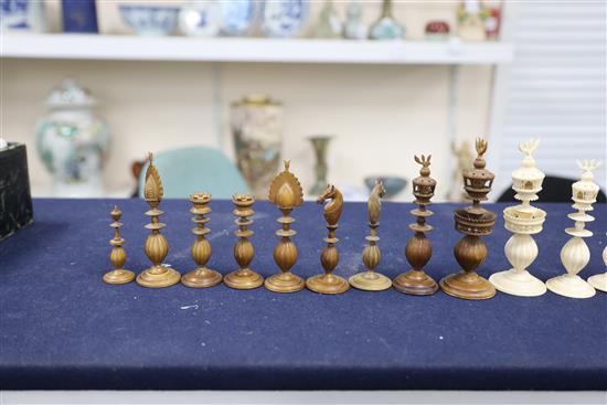 An 18th century Anglo Indian brown stained and natural ivory part chess set, king 5in.